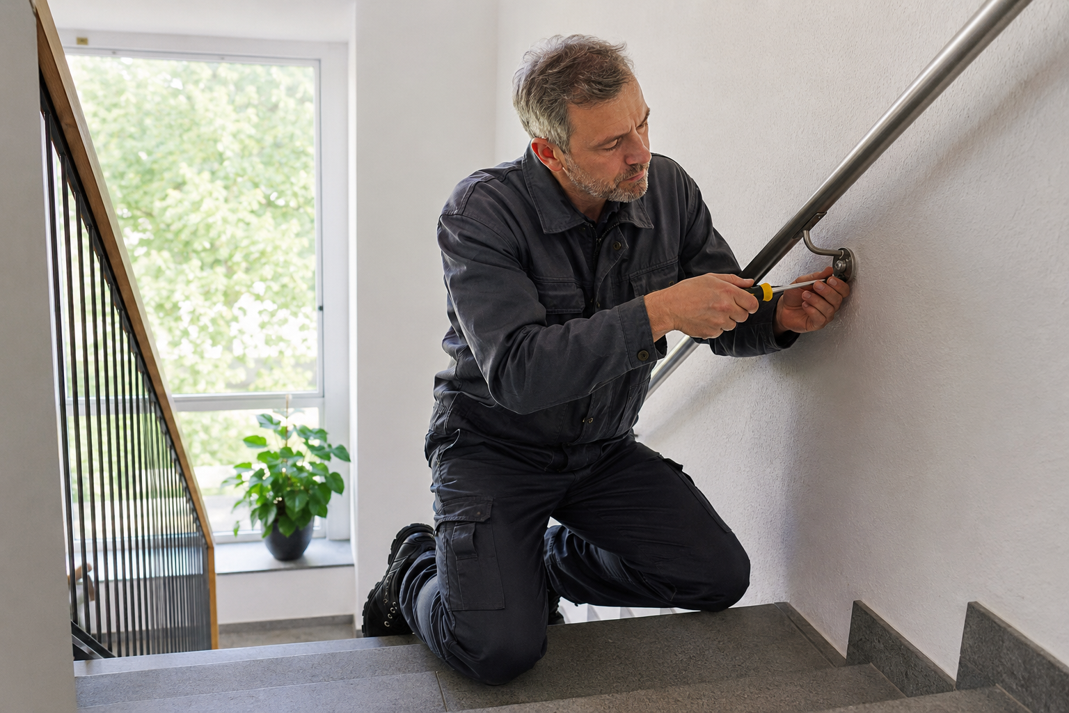 Hausmeister befestigt einen Handlauf im Treppenhaus