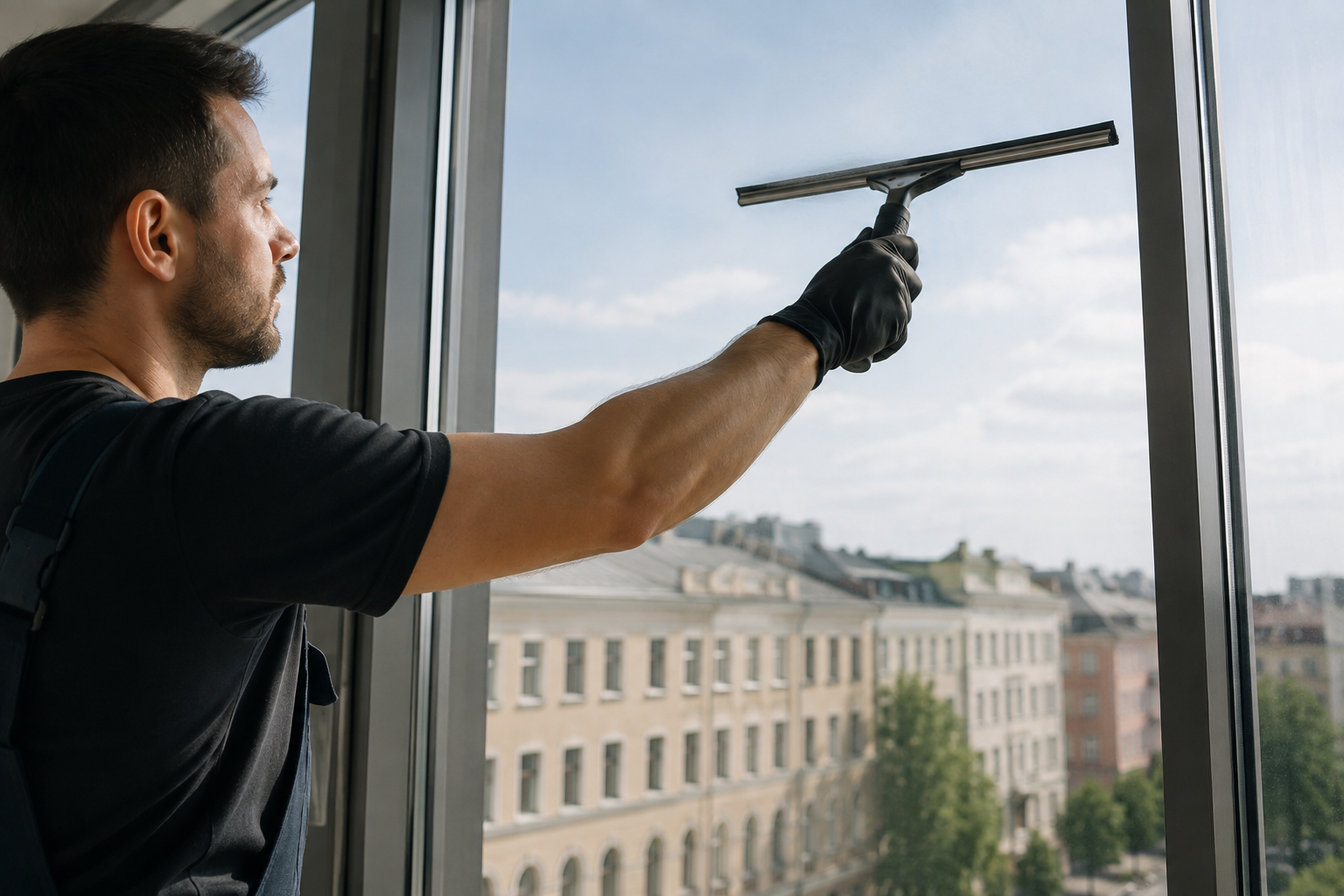 Fensterreinigung mit dem Abzieher an einer Glasfassade