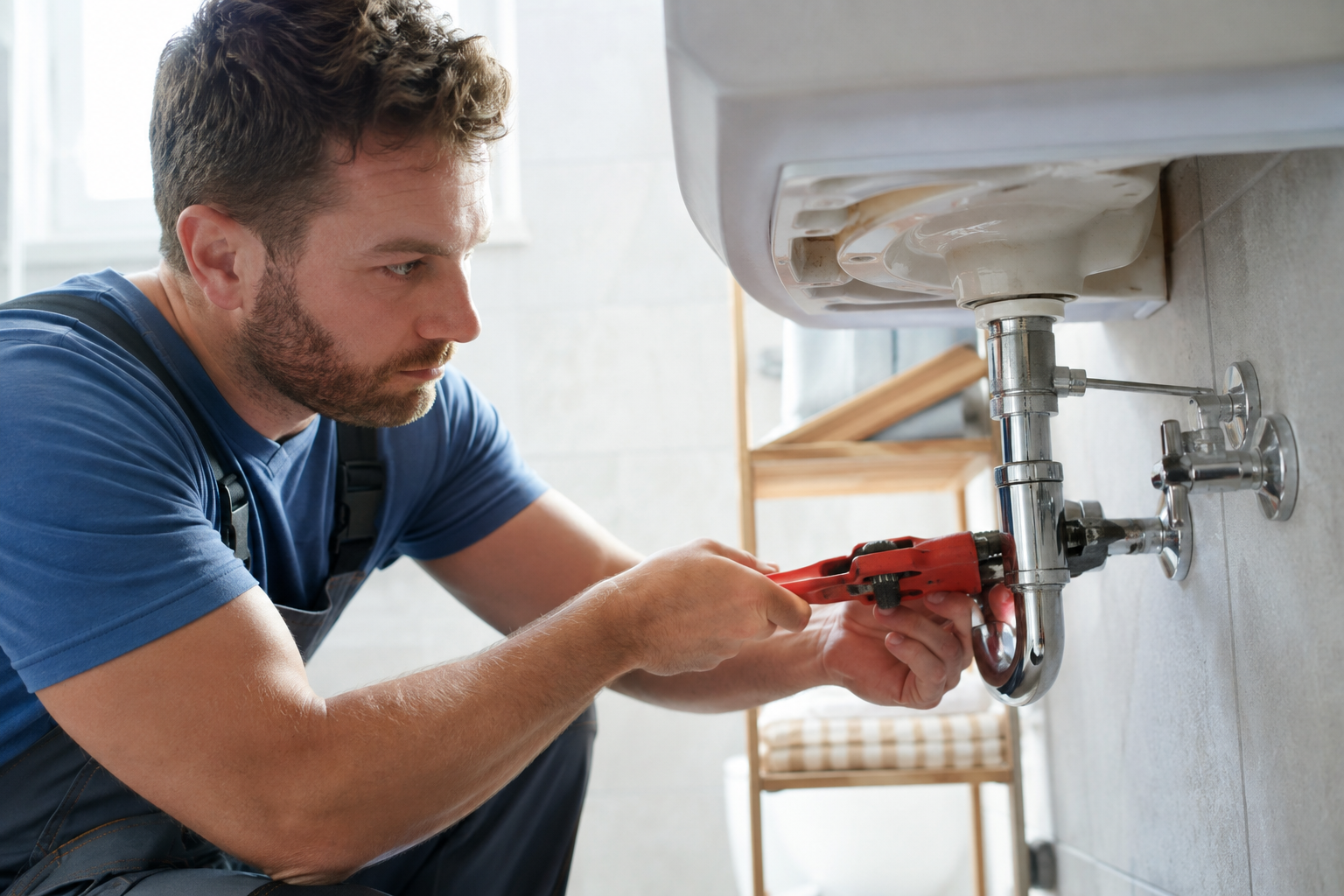 Reparatur am Siphon unter einem Waschbecken